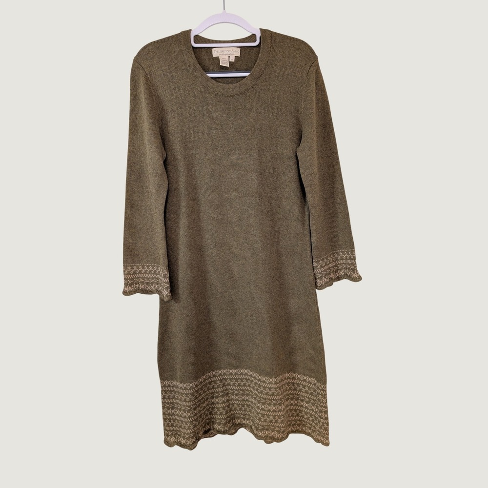 The Territory Ahead Cotton Merino Wool Fair Isle Sweater Dress Green Medium